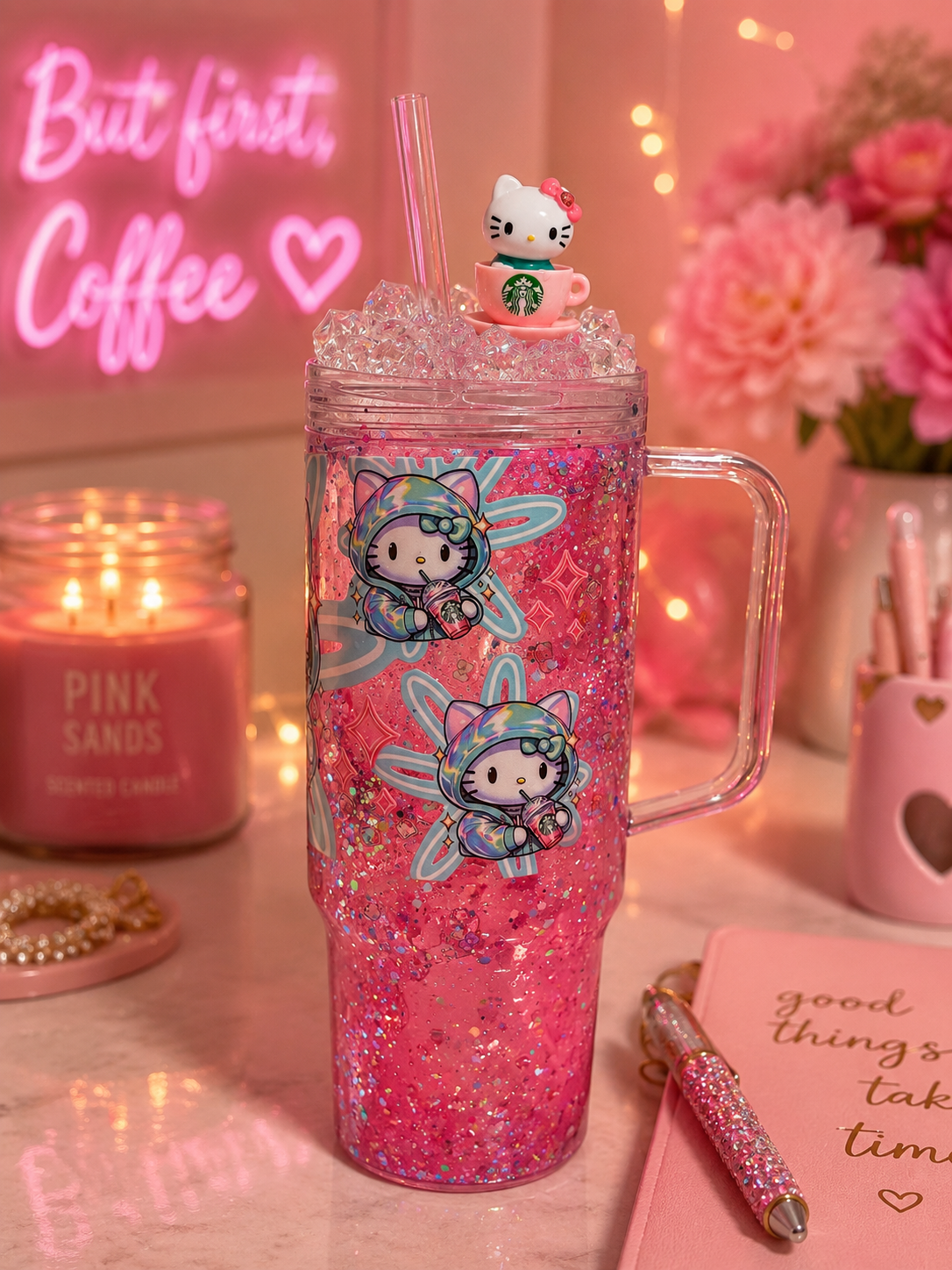 Pink Coffee Lover Lava Tumbler ā Glitter Acrylic Travel Cup with Ice Topper