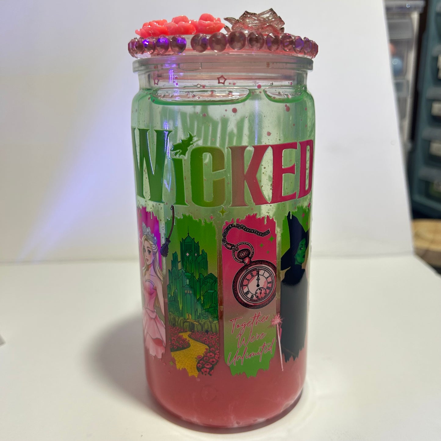 💚🩷 Together We’re Unlimited – Wicked Inspired Snow Globe Glass Can 💚🩷