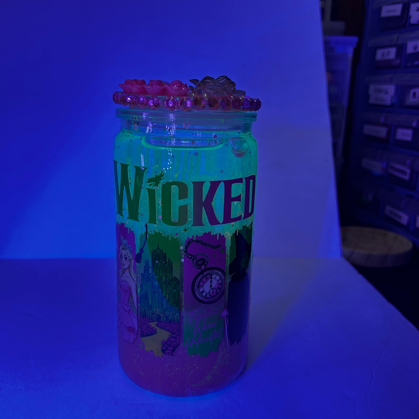 💚🩷 Together We’re Unlimited – Wicked Inspired Snow Globe Glass Can 💚🩷