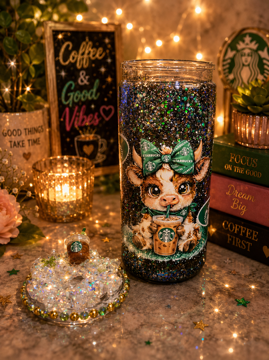 Highland Cow Coffee Waterfall Glitter Tumbler ☕🐮✨