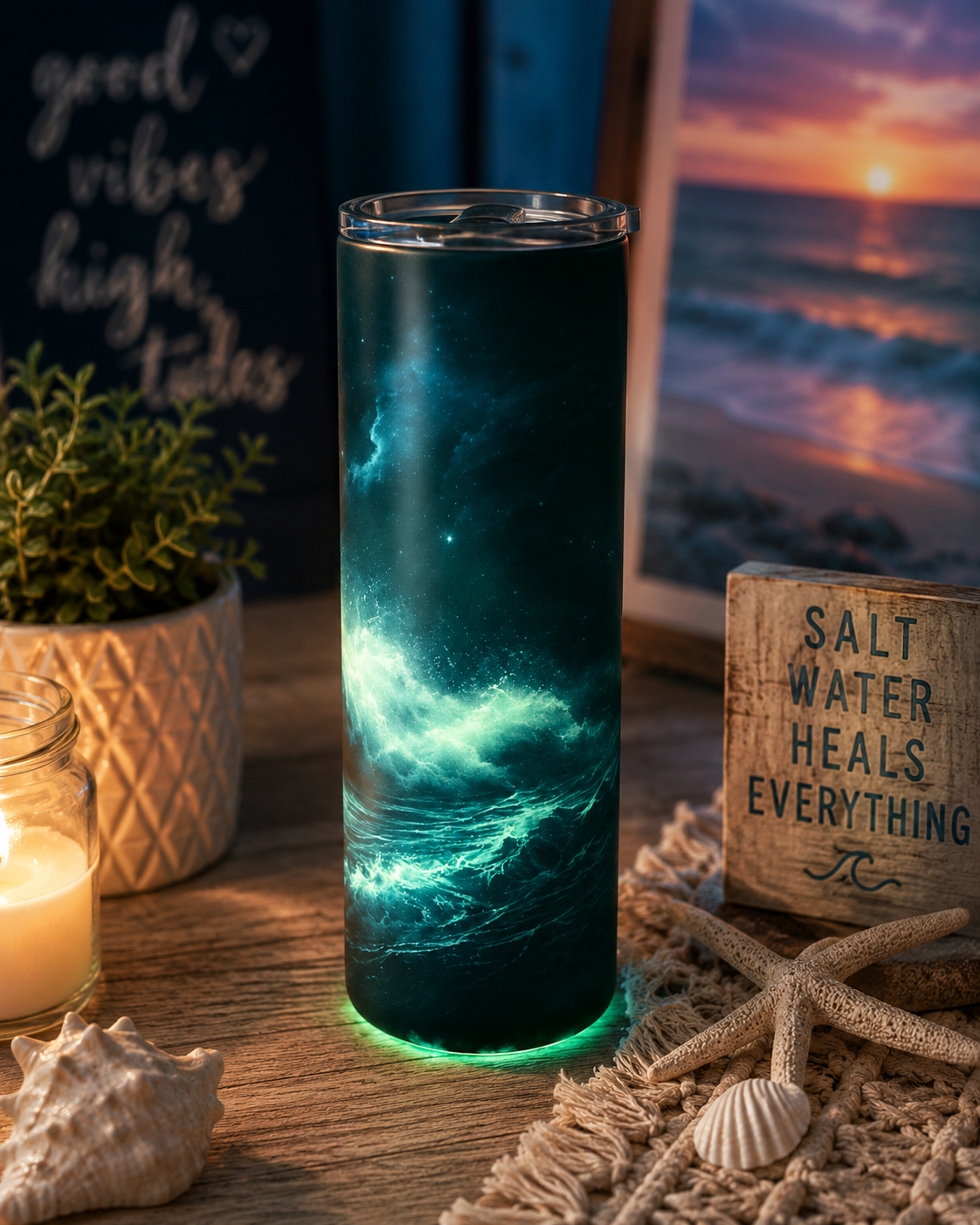 Ocean Wave Glow Tumbler | 20 oz Skinny Stainless Steel Cup